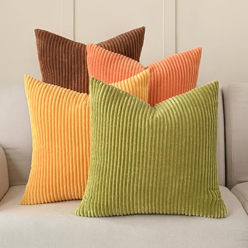 Set of 4 Fall Orange Corduroy Throw Pillow Covers 20x20 Inch (Yellow Orange / 20" x 20" (Pack of 4))