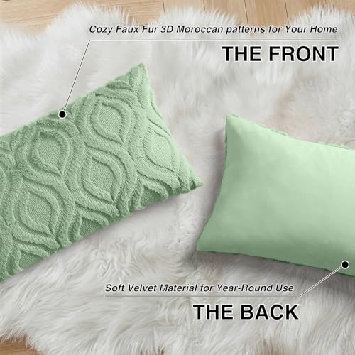 Faux Fur Plush Sage Green Throw Pillow Covers 12x20 Set of 2 (20" x 12" (Pack of 2) / Sage Green)