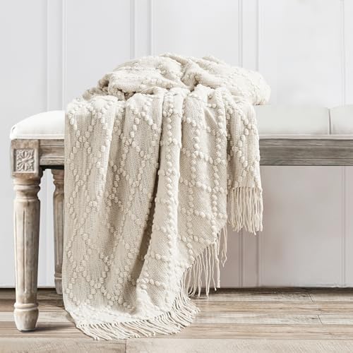 Beige Throw Blanket 50 x70 Inch Jacquard Throw Knitted Blanket (Jacquard-beige / 50"x70")