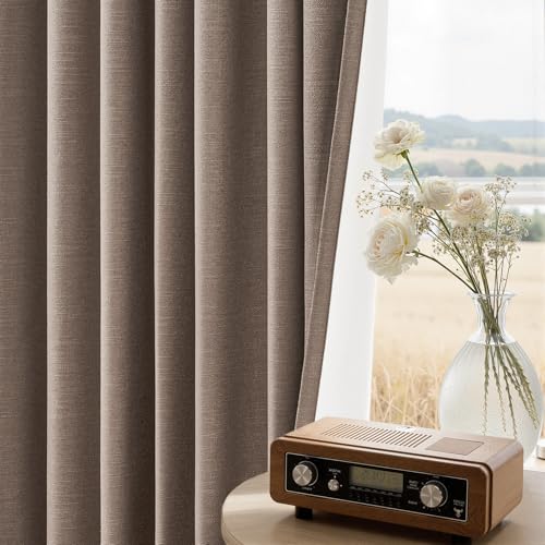 95 inch Bedroom Curtains 2 Panels 100% Blackout Linen Texture Curtain Taupe Vintage Farmhouse Window Drapes with Back Tab Rod Pocket Light Blocking Thermal Insulated Curtains 95 inches Long (Faux Linen / 52"W x 95"L (Pack of 2))