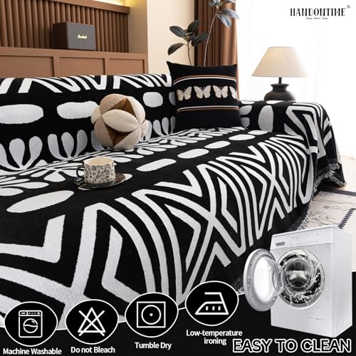 Boho Couch Cover Blanket Geometric Striped Pet Covers for Couches and Sofas Black and White Dog Cover for Couch Pet Friendly Chenille Sectional Sofa Covers for Pets Washable (71" x 134" / Stripe: Black and White)