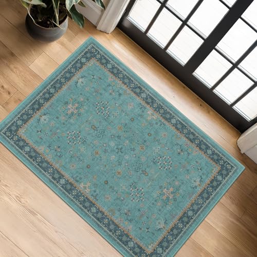 2x4 Washable Teal Throw Rugs for Entryway Indoor (2' x 4' (Rectangular) / Emerald Teal)