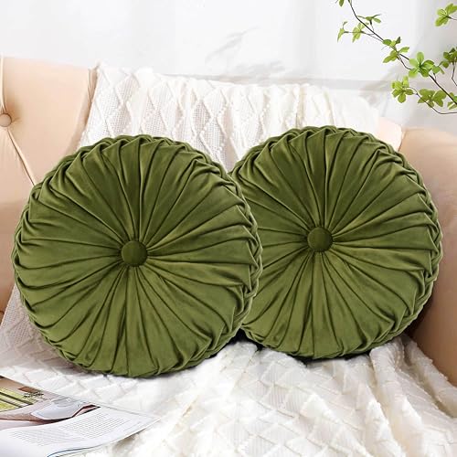 Set of 2 Olive Velvet Decorative Round Pleated Throw Pillows (Olive)