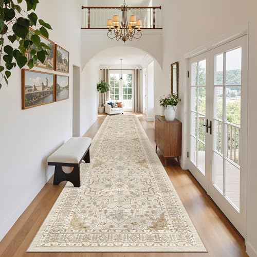 Hallway Runner Rug 2'6''x14' Kitchen Runners Vintage (Beige/Blue / 2'6" x 14' (Runner))