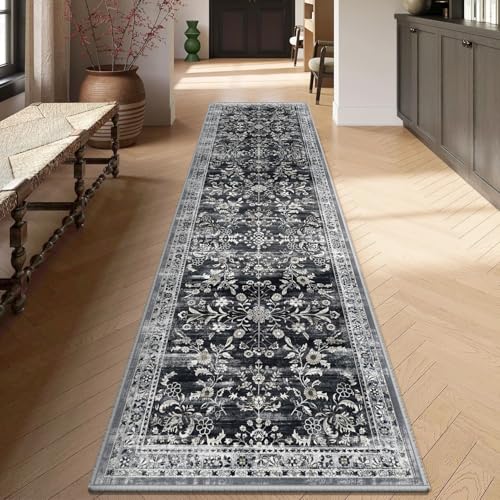 2x10 Washable Hallway Runner Rug Non Slip Floral Carpet (Navy/Black / 2' x 10')