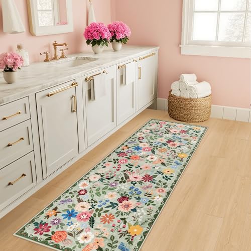 2.6x8 Washable Runner Rug：Floral Indoor Kitchen Soft Carpet Green (Green / 2'6" x 8' (Runner))