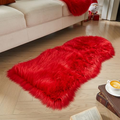 Faux Fur Rug Red Area Rug (2' x 4' (Sheepskin) / Red)