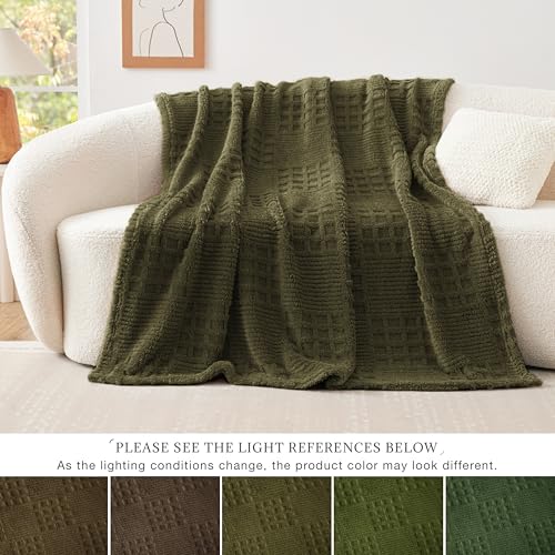 Green Fleece Throw Blanket for Couch or Bed Waffle Pattern Decor (02-moss Green / Throw)