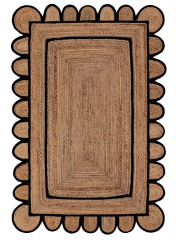 Scalloped Natural Jute Area Rug for Bedroom Living Room (Black / 2' x 4' (Scalloped))