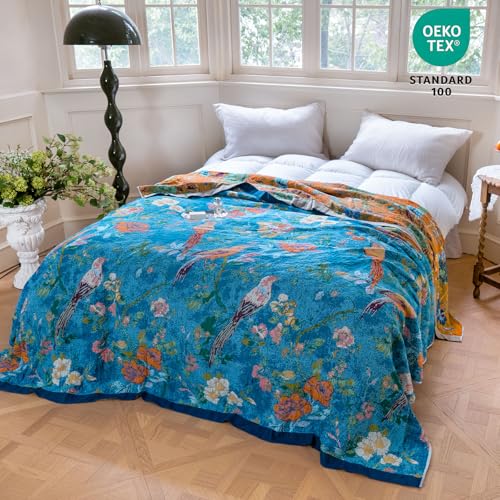 Boho Throw Blanket 50"x60" 100% Cotton Floral Bird Throw for Couch (Dark Blue Bird / 50"x60")