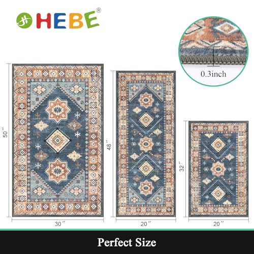 HEBE Boho Kitchen Rugs Set of 3 (Blue/Coffee / 20"x32"+20"x48"+30"x50")
