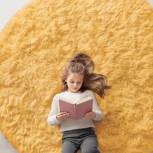Mustard Yellow Round Rugs for Bedroom (6 Ft Round / Mustard Yellow)