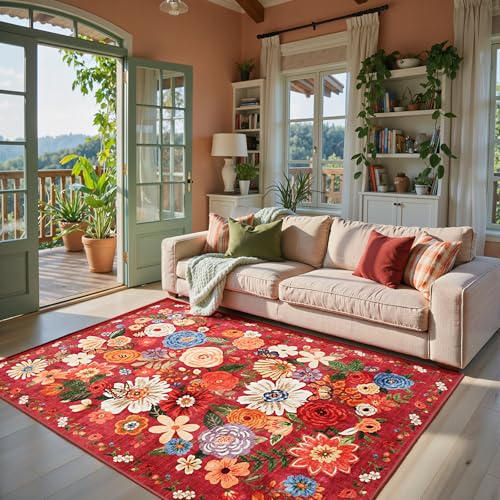Red Garden Floral Area Rug 4x6 for Bedroom Dining Room (Red / 4' x 6' (Rectangular))