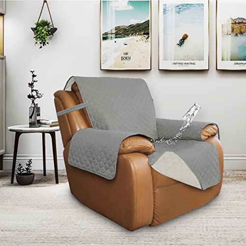 Double Protection 100% Waterproof Recliner Covers for Living Room (Light Gray/Ivory / Recliner Large)