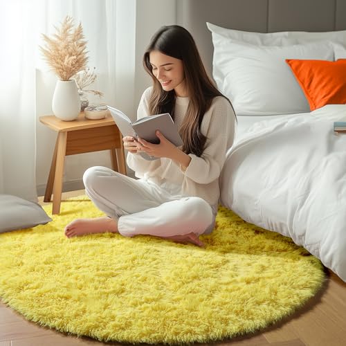Yellow Fluffy Round Rug Circle Area Rugs 4ft for Girls Kids Teen Bedroom (Yellow / 4' (Round))