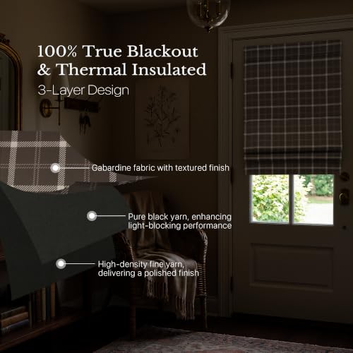 100% Blackout Brown Plaid Magnetic Roman Shade (24"W x 72"L (Pack of 1) / Plaid | Brown & White)