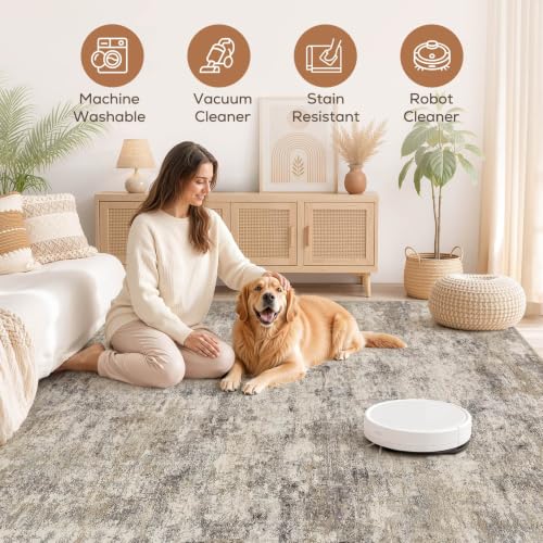 Boho 7x9 Area Rug Living Room Rugs Machine Washable Brown Grey (Brown Grey / 7' X 9' (Rectangular))