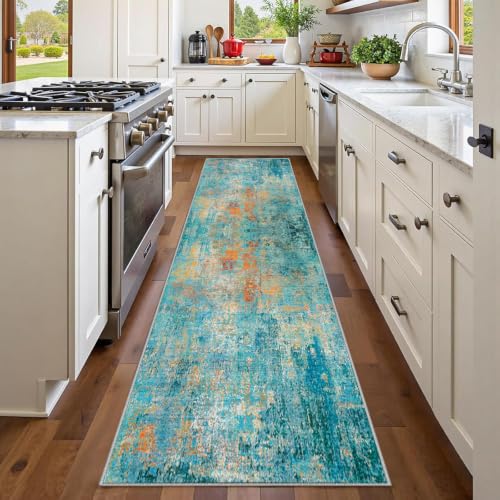 Washable Runner 2'x6' Abstract Area Rug for Hallway Teal Multi (Teal Blue/Green/Orange / 2' x 6' (Runner))