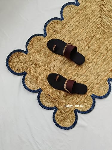 Scalloped Natural Jute Area Rug Natural Base Navy Blue Trim (2'x3' / Navy)