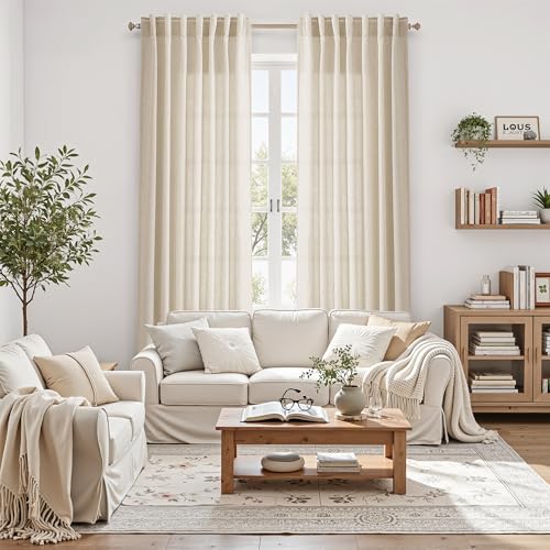 Extra Long 120 Inch Curtains for Living Room Cream Beige Linen Light Filtering Semi Sheer Curtain Back Tab Modern Farmhouse Decor Floor to Ceiling High Window for Bedroom 52x120 (52"W x 120"L (Pack of 2) / Cream Beige)
