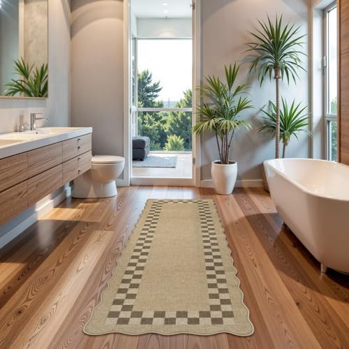 Easy Jute Checkered Runner Rug for Kitchen (2‘ x 6’ / Tan/Checkered)