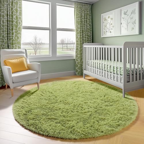Grass Green Fluffy Round Rug Circle Area Rugs 4ft for Kids Teen Bedroom (Green / 4' (Round))