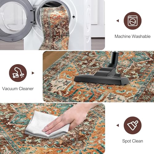 Washable Runner Rug (2' x 5' / Rust/Dull Teal)