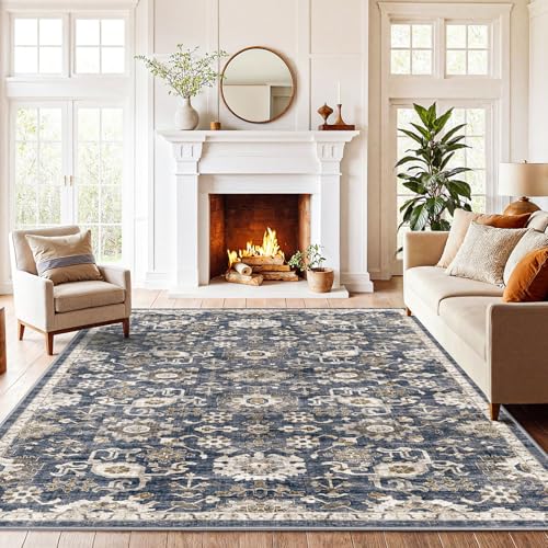 Amada 5x7 Washable Area Rug for Living Room (5' x 7' (Rectangular) / Blue/Brown)