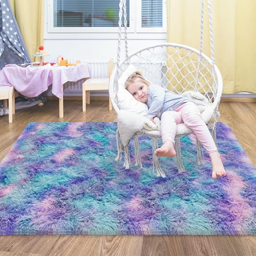 Small Area Rug for Bedroom 3x5ft Mini Tie (Tie-dyed Purple Rainbow / 3' x 5' (Rectangular))