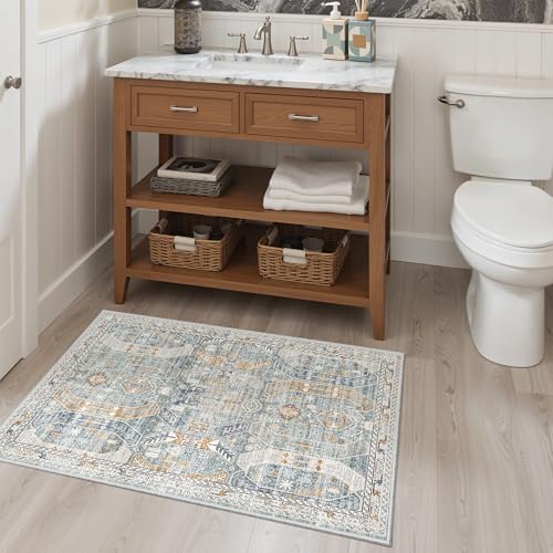 Washable Area Rug 2x3 Small Entryway Rugs Non (Blue/Gold / 2' x 3' (Rectangular))