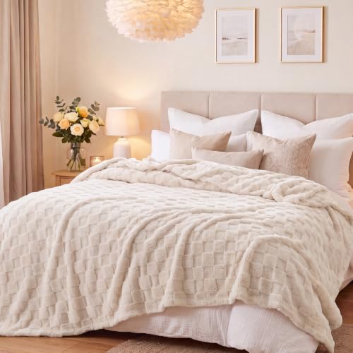 Checkered Soft Cozy Queen Blanket for Bed (07 Cream / Queen (90" X 90"))