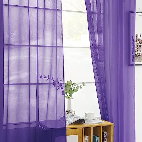 Sheer Voile Window Treatment Rod Pocket Curtain Panels for Kitchen Bedroom Living Room Drapes Sunlight Filtering Privacy Semi Home Decor Assorted (Purple / 52"W x 90"L (Pack of 2))