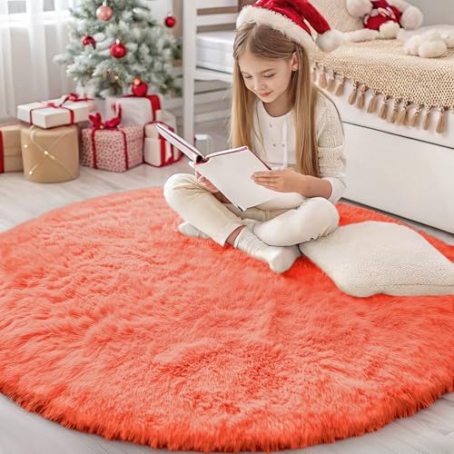 Coral Red Round Rugs for Bedroom (4 Ft Round / Coral Red)