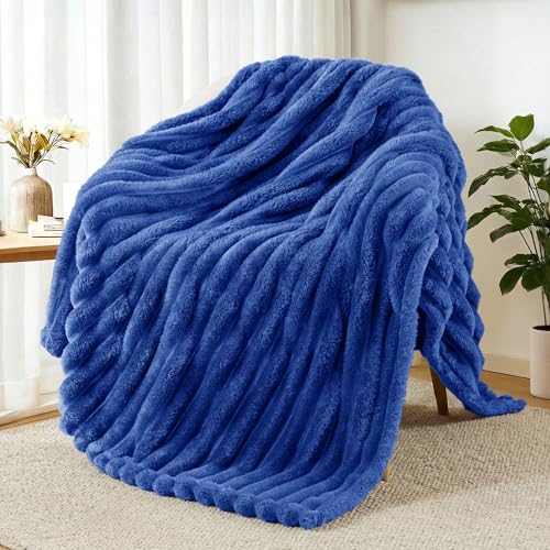 Striped Fleece Throw Blanket for Couch (Cobalt Blue / Throw ( 50x60 IN ))