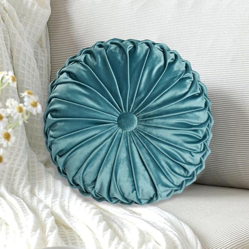 Set of 2 Teal Velvet Decorative Round Pleated Throw Pillows (Teal)