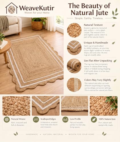 Scalloped Natural Jute Rug Easy Clean Durable Handwoven Rug for Living Room (Off-white / 3x6 Feet)