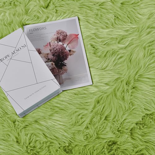 Lime Green Circle Rugs 4ft Fluffy Fuzzy Furry Rug for Bedside Bedroom Playroom Shag Faux Sheepskin Fur Soft (4' (Round) / Olive Green)