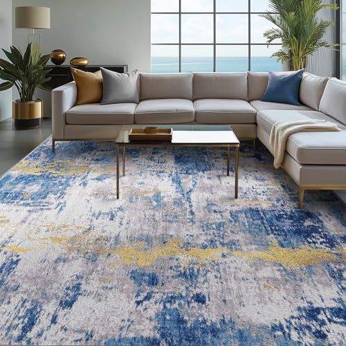 Washable 9'x12' Abstract Area Rug for Living Room Blue Gold (Blue/Gold / 9' x 12' (Rectangular))