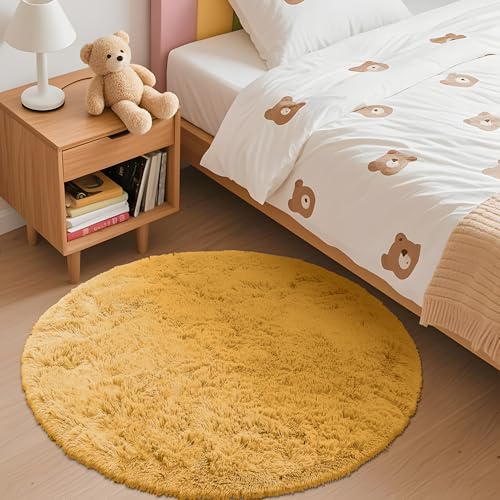 Mustard Yellow Round Rugs for Bedroom (3 Ft Round / Mustard Yellow)