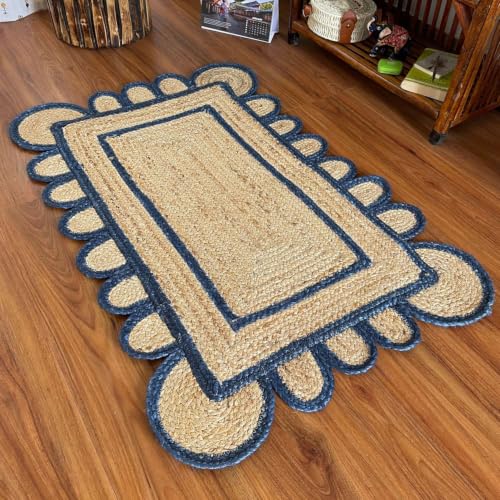 Jute Runner Rug 2x12 Ft with Scalloped Border (Blue / 2' x 12' (Rectangular))