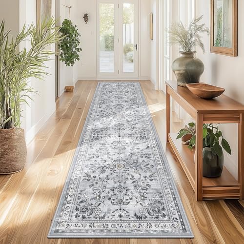 2x8 Washable Hallway Runner Rug Non Slip Floral Carpet (Grey / 2' x 8')