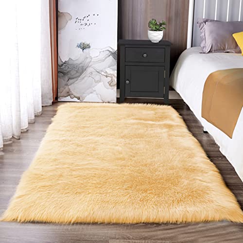 3x4 Rugs Yellow Fur Rug Washable Faux Sheepskin Rug Shag Fluffy Rugs for Bedroom Cute Room Décor (3' x 4' (Rectangular) / Light Yellow)