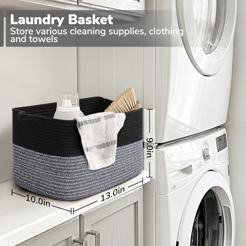 Woven Storage Basket for Shelves (Black & Grey / 13"L x 10"W x 9"H)