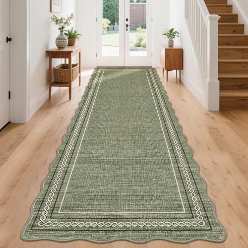 Scalloped Runner Rug for Hallway 2x10 Non Slip Washable (Green / 2' x 10' (Runner))