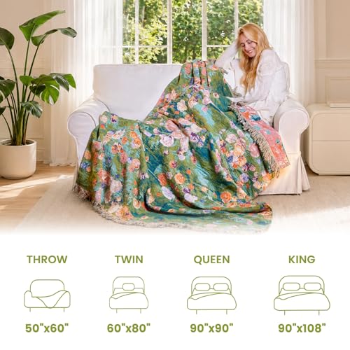Boho Throw Blanket 50"x60" Cotton Floral Muslin Blanket for Sofa (Green Garden / 50"x60")