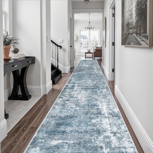 Hallway Runner Rug 2'6" x 16' Kitchen Rugs Abstract Blue (Blue/Grey / 2'6" x 16' (Runner))