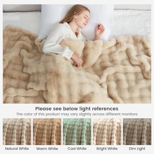 Faux Fur Throw Blanket for Couch (Beige / Queen(90" x 90"))