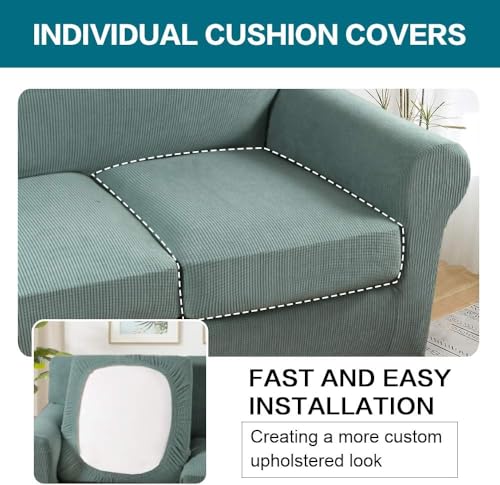 4 Piece Sofa Covers for 3 Cushion Couch Sofa Slipcover Soft Couch Cover for Dogs Washable Furniture Cover with 3 Individual Large Cushion Covers Feature Fabric (L Sofa (3 Cushion) / Dark Cyan)