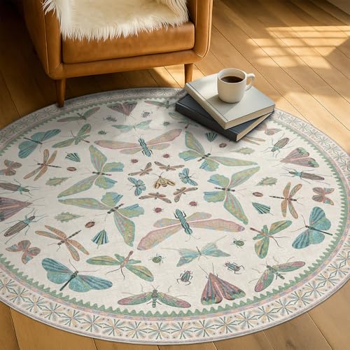 Insect Light Green 5ft Round Area Rug for Living Room (5' (Round) / Beige Green)