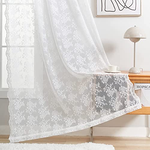 Vintage Lace Curtains White Sheer Curtains 96 inches Long 2 Panels Old Fashion Floral Victorian Voile Panels for Living Room Bedroom Rod Pocket Light Filtering 52Wx 96L (Bright White / 52"W x 96"L (Pack of 2))